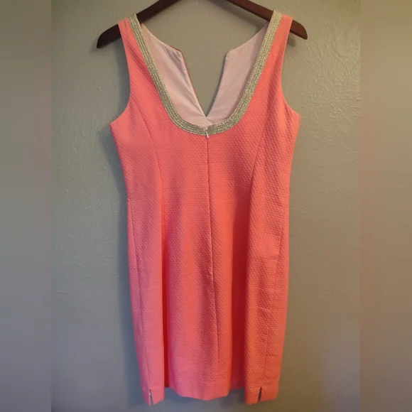 Lilly Pulitzer Janice Shift Dress Coral Reef Pink with Metallic Gold Embroidery. - Picture 7 of 13